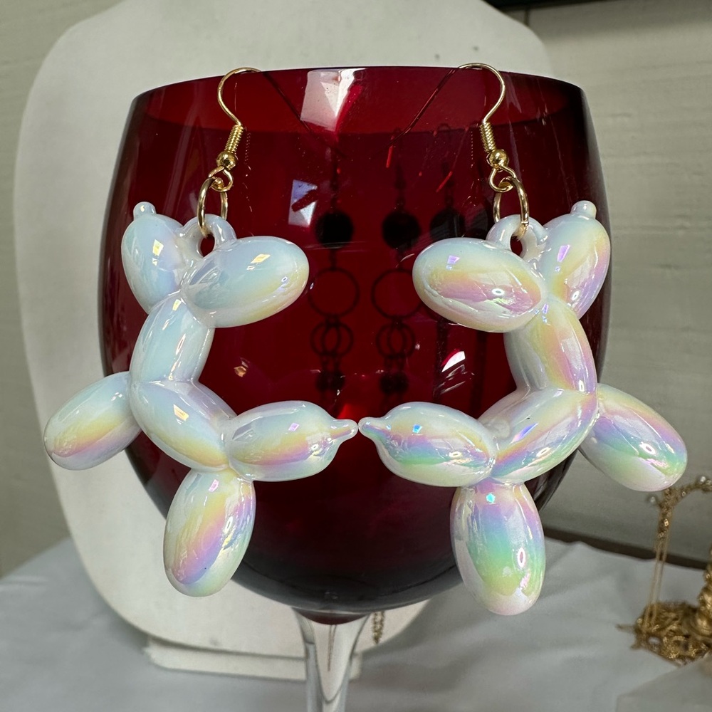 Large style pearl white iridescent balloon dog poodle earrings